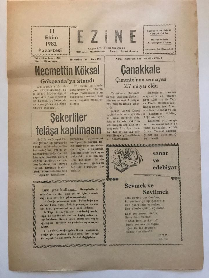 Yeni Ezine Gazetesi - 11 Ekim 1982 /ÇANAKKALE