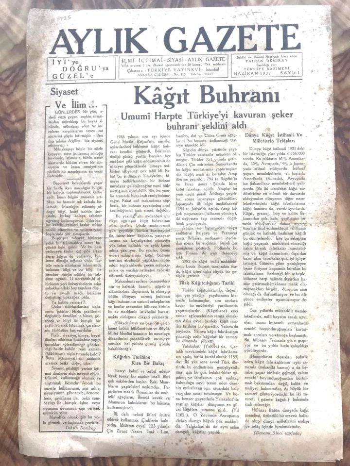 Aylık Gazete - İlk Sayı / Haziran 1937 - Eski Gazete / NADİRRR
