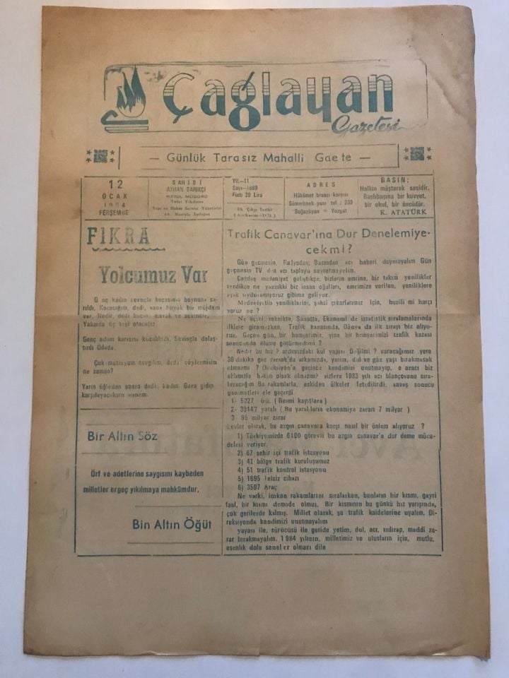 Çağlayan Gazetesi -12 Ocak 1984 / YOZGAT