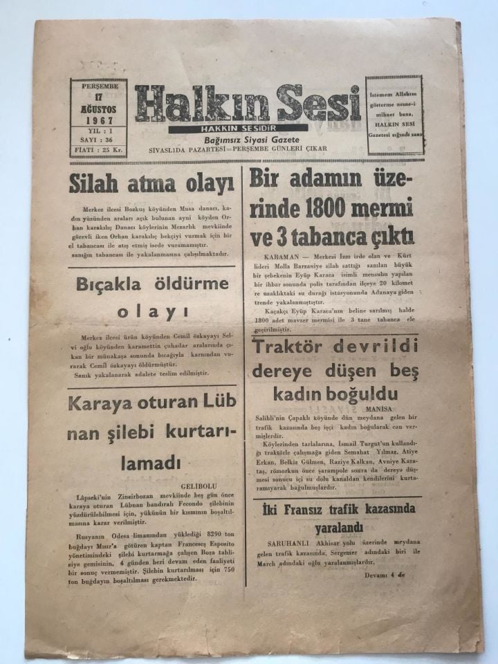 Halkın Sesi Halkın Sesidir Gazetesi - 17 Ağustos 1967 / UŞAK