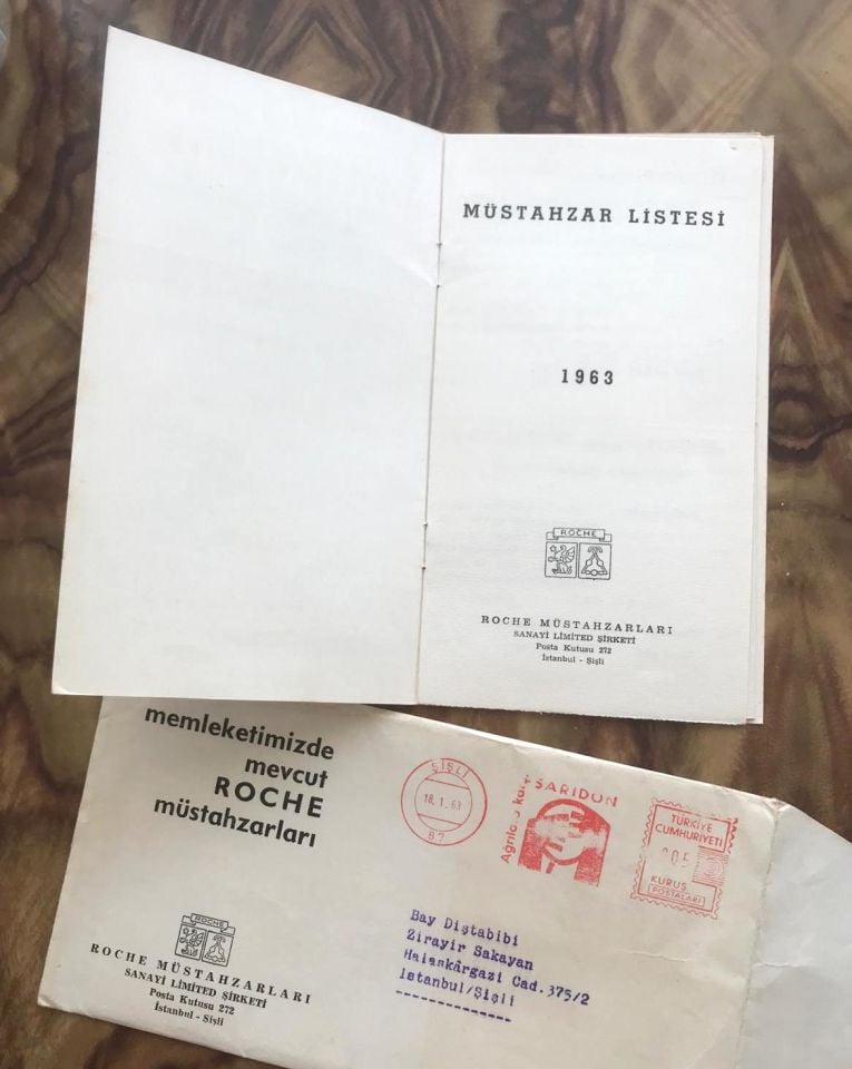 Diş Tabibi Jirayir SAKAYAN'a gönderilmiş, 1963 Roche Müstahzar listesi