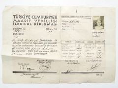 Tekirdağ Cumhuriyet İlkokulu Diploma 1944 tarihli- Efemera
