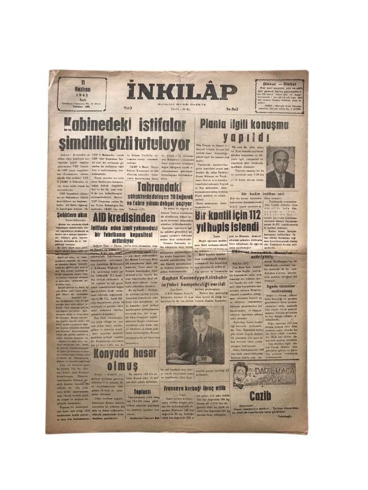 11 Haziran 1963 - İnkılap Gazetesi AFYON / Eski Gazete