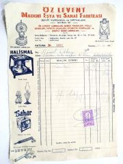 Öz Levent Madeni eşya ve sanai - Öz Levent lambaları, Halismal, Bahar ve Levent pompaları - Fatura /  Efemera