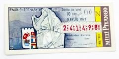 9 Eylül 1973 Dörtte bir bilet - Milli Piyango bileti İzmir Enternasyonal Fuarı - Efemera
