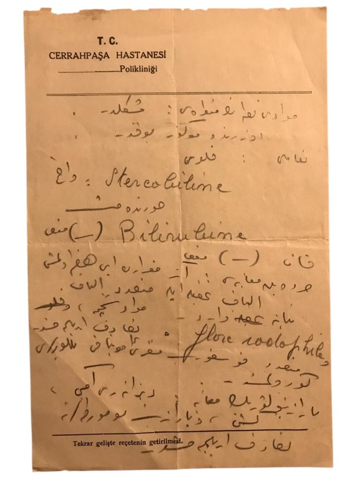 Cerrahpaşa Hastanesi - Eski Türkçe yazılı reçete