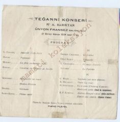 Teganni Konseri - A. BABİKYAN Ünyon Fransez salonunda 1934  Program - Efemera