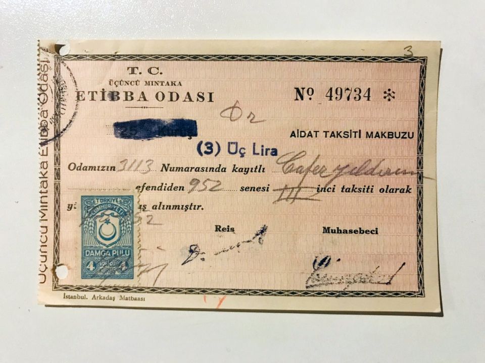 Etibba Odası - 1952 yılına ait makbuz