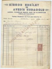 Kirkor ERKİLET ve Avedis KUDAOĞLU - Levha, yuvarlak bakır vs. / Fatura - Efemera