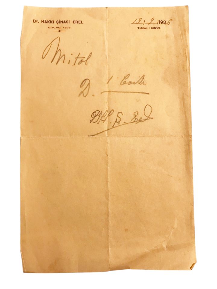 Dr. Hakkı Şinasi EREL - 1936 tarihli reçete