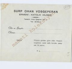 Surp Ohan VOSGEPERAN Ermeni Katolik Kilisesi - Antetli yardım zarfı - Efemera