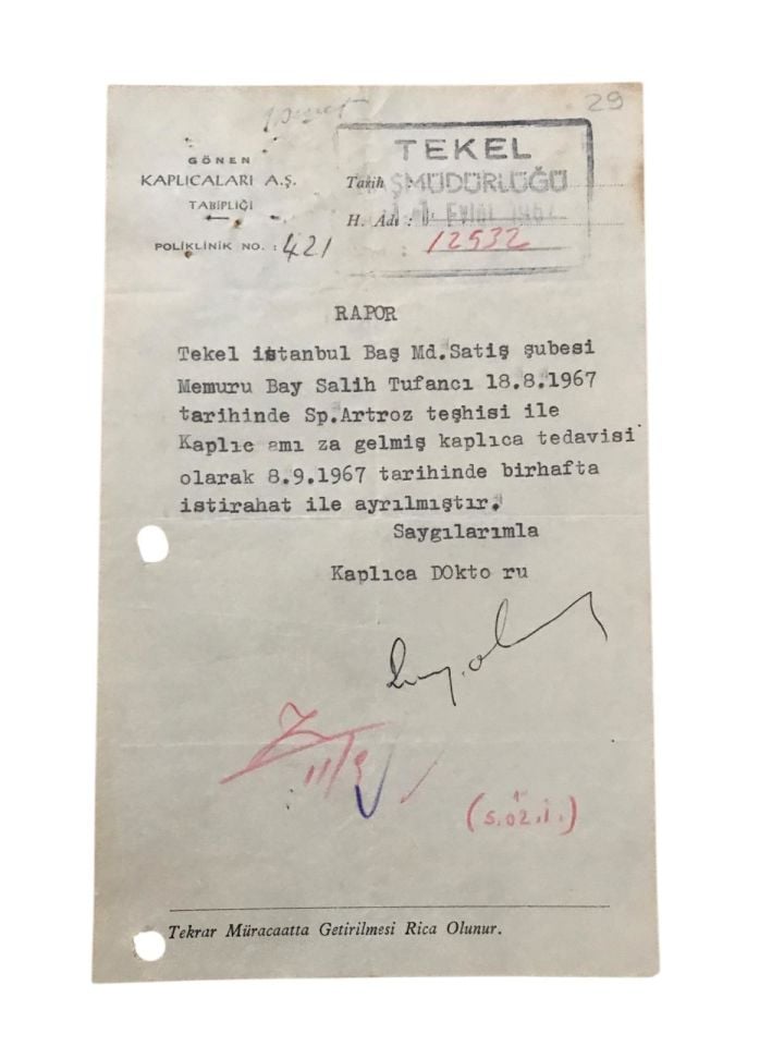 Gönen Kaplıcaları A.Ş. Tabipliği - Tekel Satış Müdürlüğü kaşeli, rapor