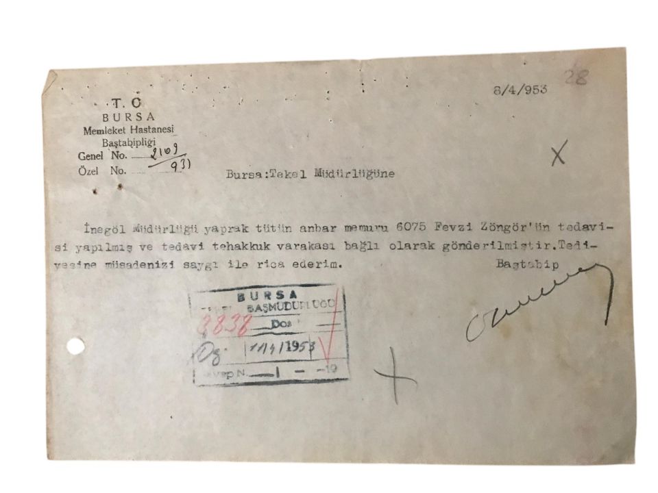Bursa Memleket Hastanesi - 1953 tarihli, Tekel Müdürlüğü / Yazışma