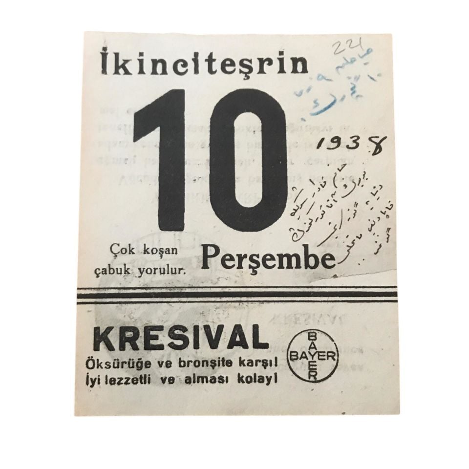 Bayer Kerevisal reklamlı - 10 İkinciteşrin (10 Kasım) 1938 Takvim yaprağı