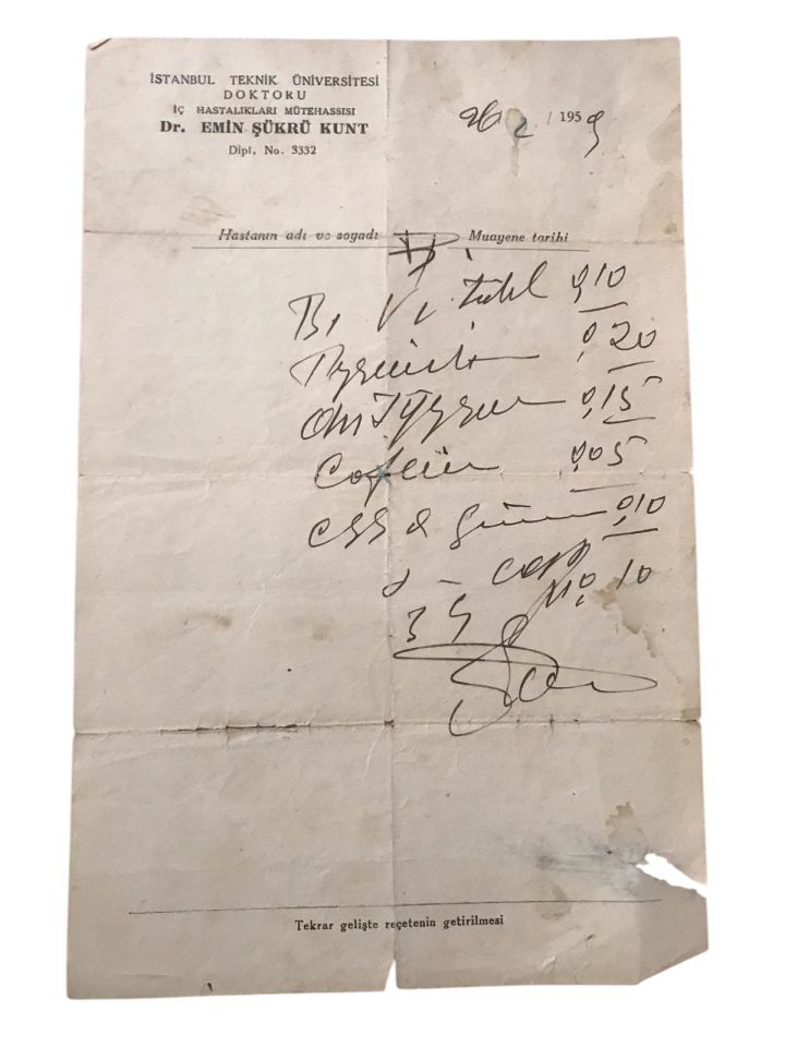 Doktor Emin Şükrü KUNT - İstanbul Teknik Üniversitesi İTÜ / Ayaspaşa Eczanesi kaşeli reçete - 1959
