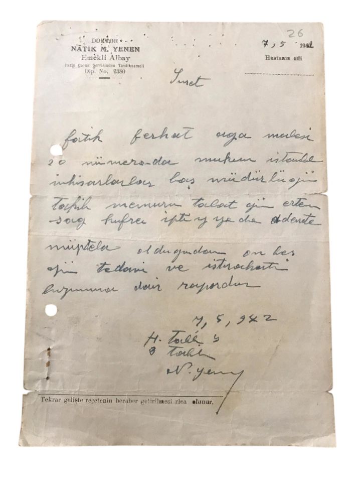 Doktor Namık M. YENEN - 1942 tarihli reçete