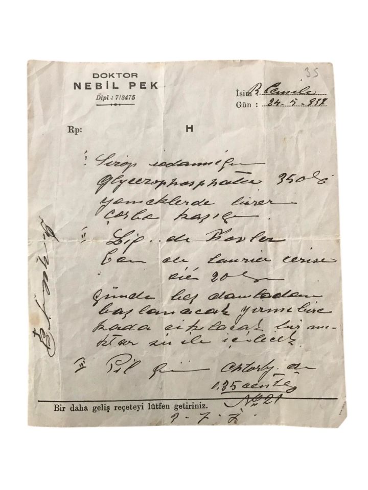 Doktor Nebil PEK - 1937 tarihli reçete