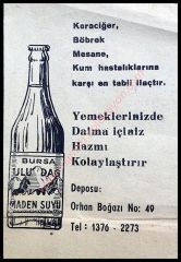 Bursa Uludağ Maden Suyu, reklamı Yeme İçme efemeraları - Efemera