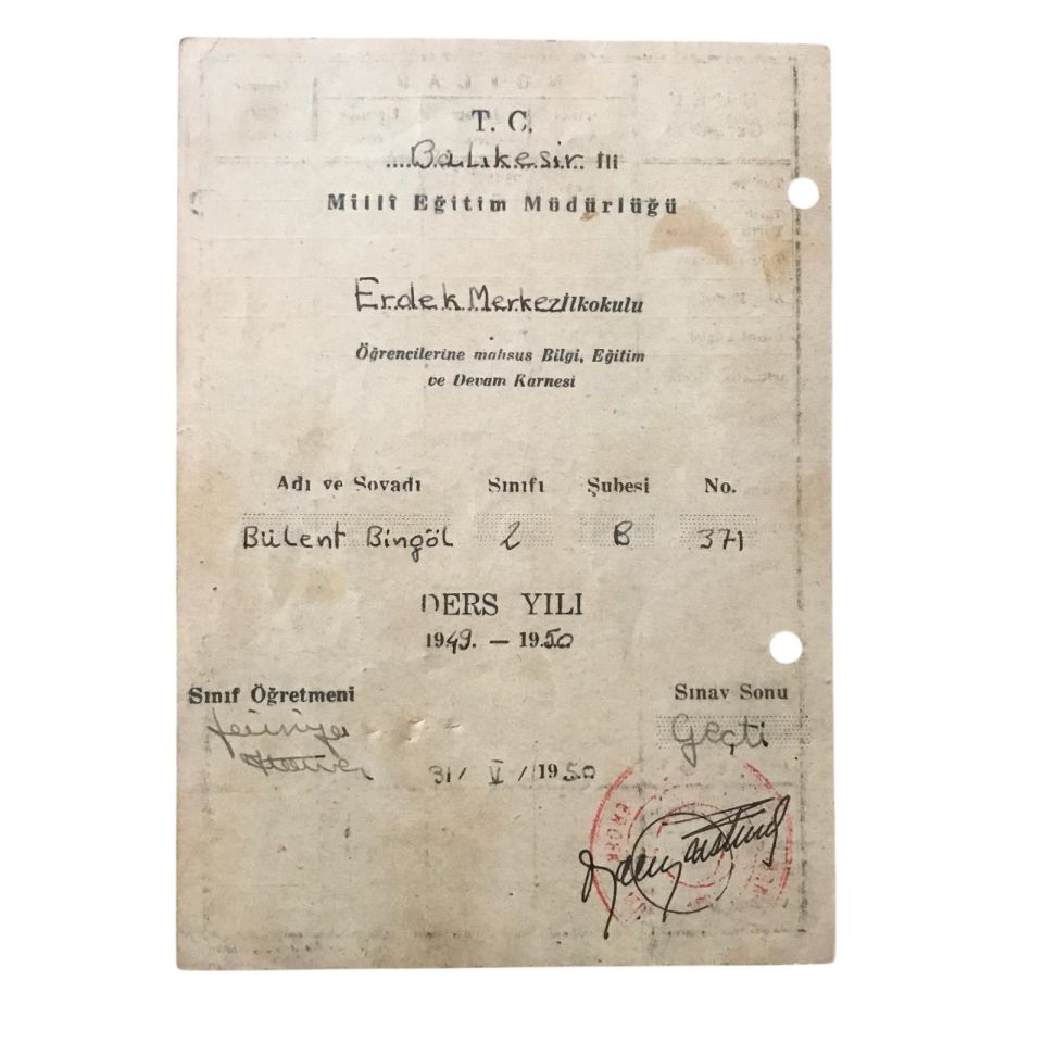 Balıkesir Erdek İlkokulu 1950 yılına ait karne