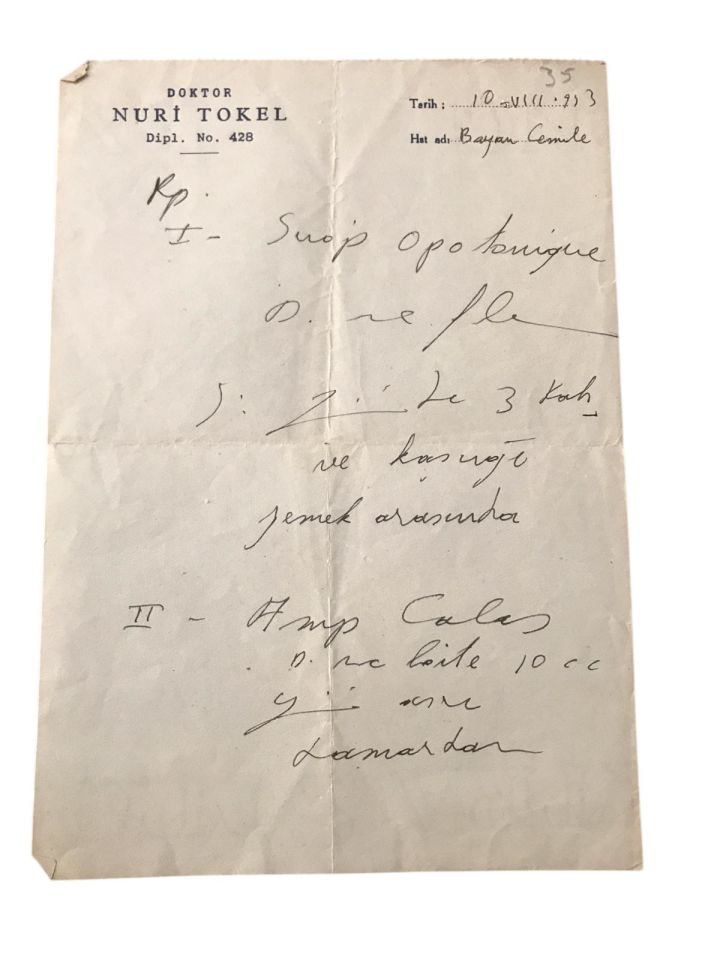 Doktor Nuri TOKEL - 1933 tarihli reçete