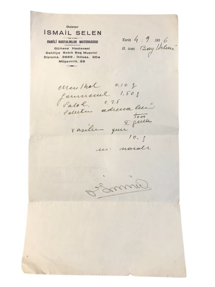 Doktor İsmail SELEN - Gülhane Hastanesi  1936 / Reçete