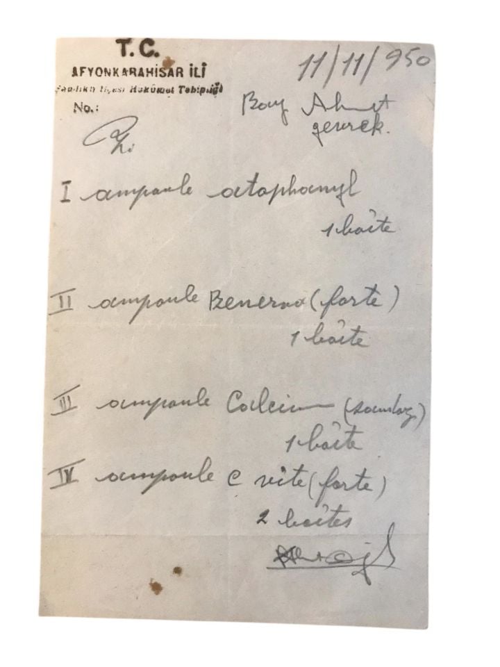 Afyonkarahisar Hükümet Tabipliği - 1950 tarihli reçete