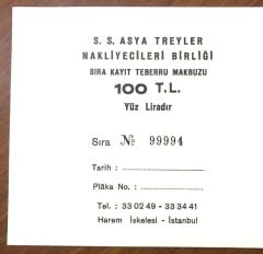 S. S. Asya Treyler Naklieciler Birliği Sıra Kayıt Teberru Makbuzu