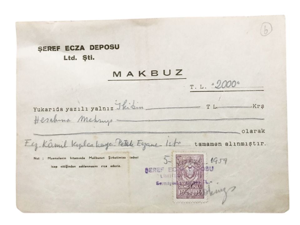 Şeref Ecza Deposu - Petek Eczanesi'ne kesilmiş makbuz