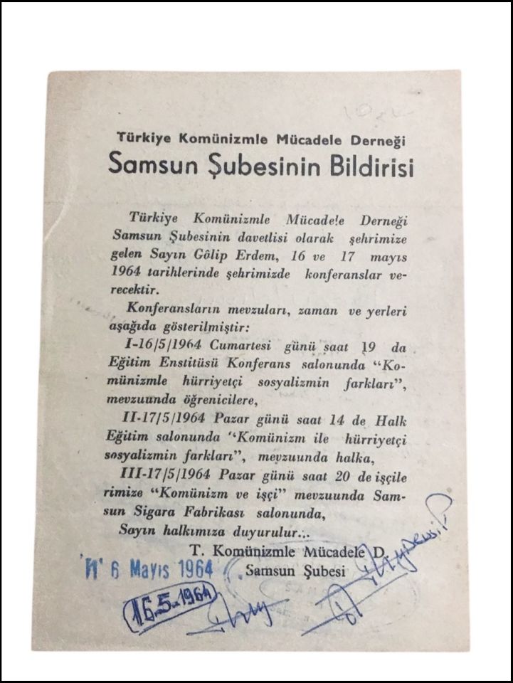 Türkiye Komunizmle Mücadele Derneği - Samsun Şubesi Bildirisi