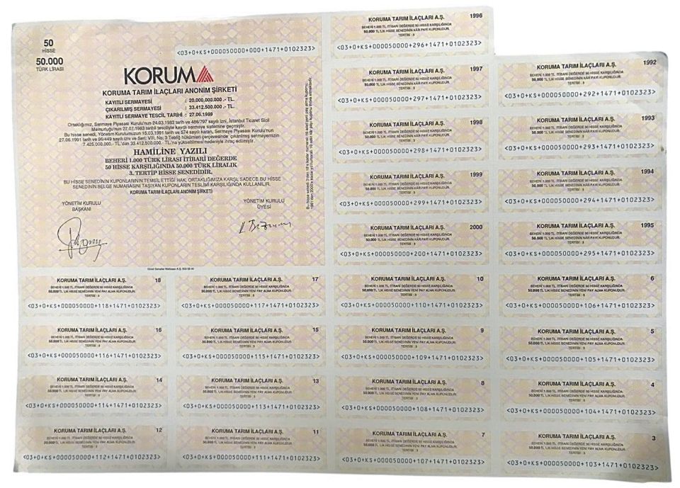 Koruma Tarım İlaçları A.Ş. 50.000 Liralık Hisse senedi