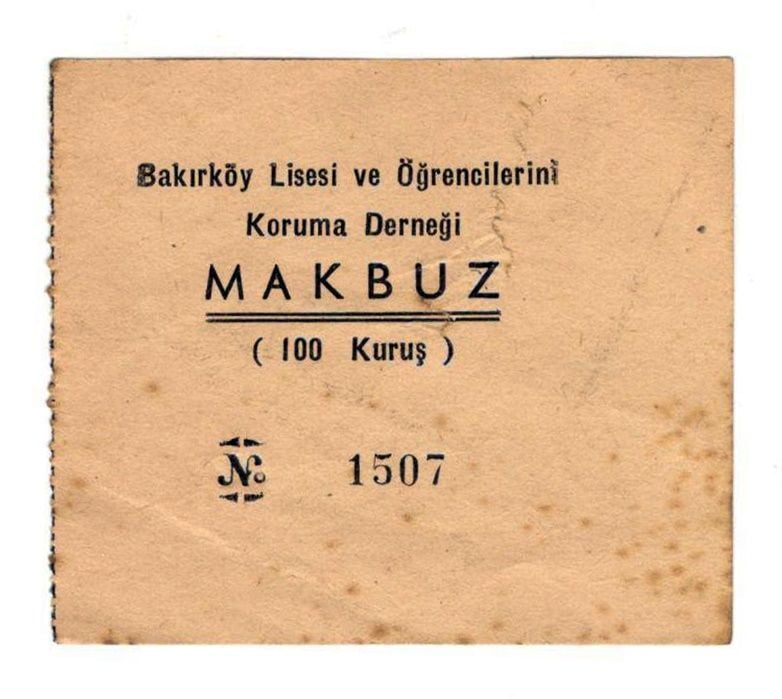 Bakırköy Lisesi ve Öğrencilerini Koruma Derneği Makbuz - 100 Kuruş
