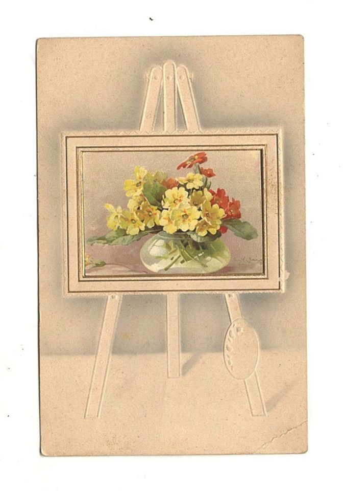 Palet ve Çiçekli Tablo - 1900'lerin başı, gofre kartpostal