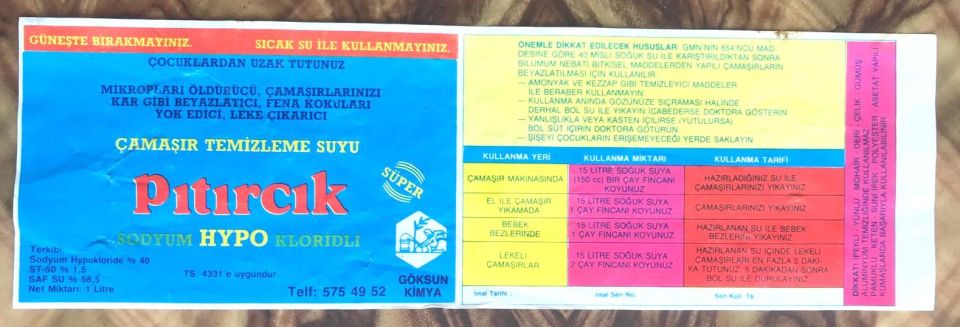 Pıtırcık Çamaşır Suyu - Göksun Kimya / Bidon etiketi