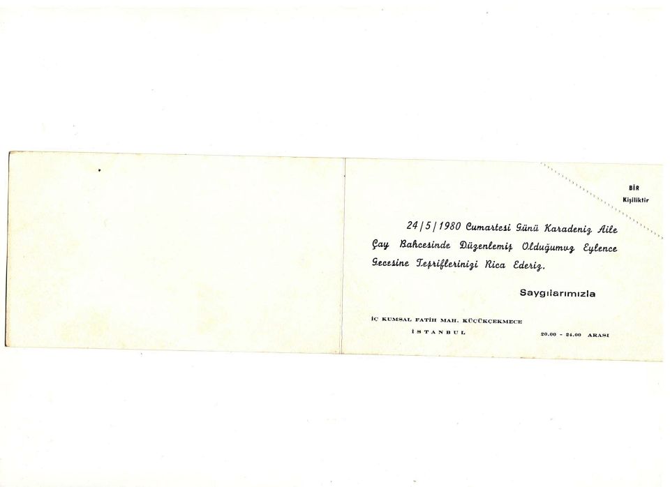 Karadeniz Aile Çay Bahçesi KÜÇÜKÇEKMECE - 1980 yıl davetiye