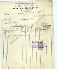 Ortaklar Elektrik ve ticaret - A. VELİSARİOS / Fatura - Efemera
