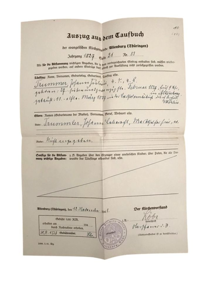 Auszug aus dem Taufbuch  der evangelischen Kirchgemeinde Altenburg - Vaftiz kağıdı