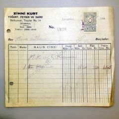 Zihni KURT - Yoğurt Peynir ve saire - 1940'lı yıllar fatura Süt ve süt ürünleri - Efemera