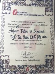 Avşar Sineması - Vergi Dairesi. Takdir belgesi