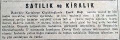 Kartaltepe Küçükbağlar / Meyve ağaçları, üzüm, kuyu, bağ evi - 1945 Tarihli Satılık ilanı