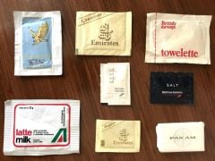 8 adet havayollarına ait sabun, tuz vs. - Gulfair, Emirates, British Airways, Panam