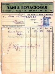Yani S. BOYACIOĞLU - Yağ Peynir ve Zeytin Ticarethanesi fatura Süt ve süt ürünleri - Efemera
