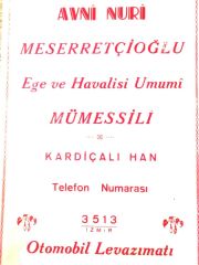 Avni NURİ MESERRETÇİOĞLU Ege ve havalisi umumi mümessili - Otomobil Levazımatı İZMİR / Dergi, gazete reklamı - Efemera