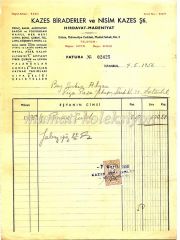 Kazes biraderler ve Nisim KAZES Hırdavat Madeniyat - Fatura - Efemera