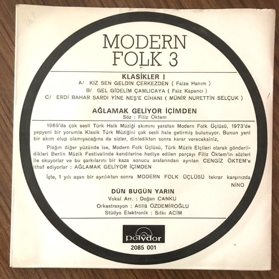 Klasikler 1 - Ağlamak geliyor içimden - Modern Folk Üçlüsü - 45'lik plak