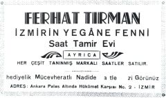 Ferhat TIRMAN İzmirin yegane fenni saat tamir evi / Dergi, gazete reklamı - Efemera