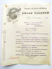 Fonderies & Ateliers de Constructions - Emile TILQUIN 1914 tarihli, H. BEYLERYAN yazışma / Efemera