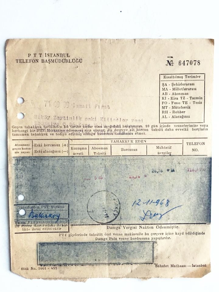 BAKIRKÖY - 1968 yılına ait PTT faturası