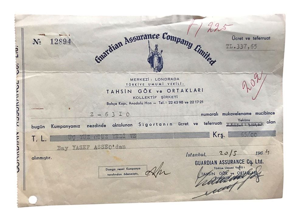 Guardian Assurance Company Limited - Tahsin GÖK / Yasef ASSEO'ya kesilmiş makbuz
