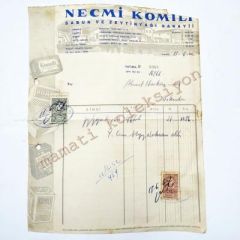 Necmi KOMİLİ - Sabun ve Zeytinyağı Sanayii / Fatura Zeytin ve Zeytinyağı efemeraları, Sabun Sağ üst köşe eksik - Efemera