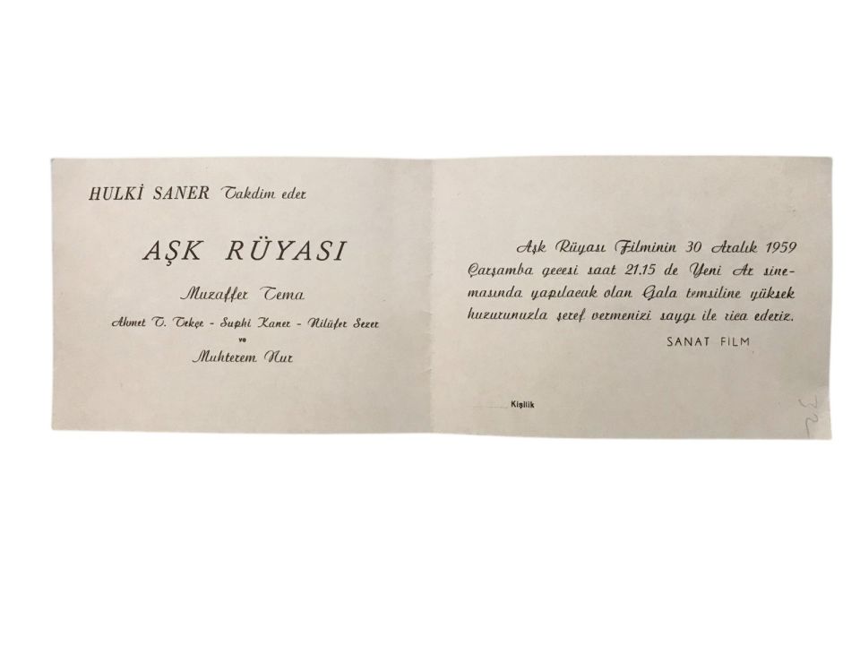 Hulki SANER Takdim eder - Aşk Rüyası / Yeni Ar sineması davetiye 1959